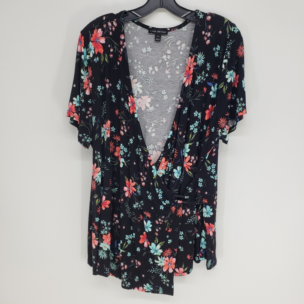 Lane Bryant Floral Faux Wrap‎ Top Womens 18 / 20 Black Short Sleeve Jersey Knit